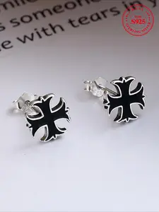 S925 Sterling Silver Fashion Cross Design Stud Earrings, Punk Style Stud Earrings for Women & Girls, Trendy All-match & Exquisite Jewelry for Birthday Gift, Studs Earrings