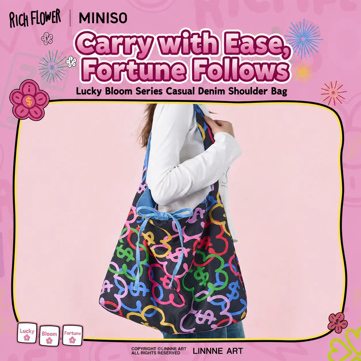 Miniso Reversible Denim Shoulder Bag with Floral Print, Fashionable & Casual Lightweight Tote for Everyday Carry and School, Back To School, Casual Wear, Shoulder Straps, Fashionable Bags, Chic
