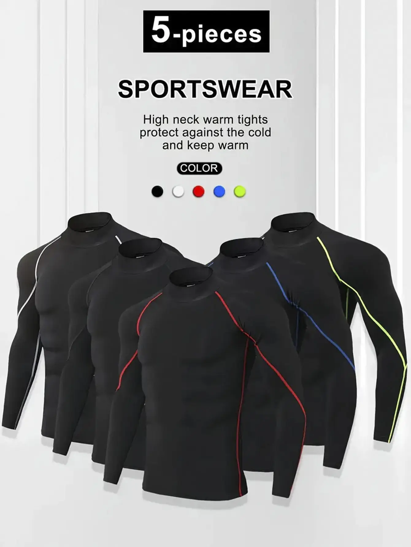 Men's 5-Piece Sporty Chic Compression Fit Long-Sleeved Turtleneck Training Wear Set - Quick-Drying, Breathable, Elastic, Moisture-Wicking Fabric for Gym, Running | TikTok Shop Back to School,back to school haul