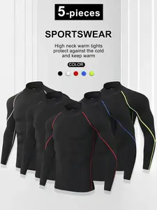 Men's 5-Piece Long-Sleeved Sports Shirts Quick-Drying Breathable Elastic Turtleneck for Gym Running Training Outdoorfun Moisture-Wicking Fabric Activewear Fathersdaygift