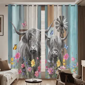 2 panels Highland Cow Print Blackout Curtains, Grommet Curtains, Contemporary Style, Perfect for Kitchen Living Room Cafe, Bedroom Loft Sunshade Dividers