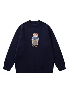 Unisex Cartoon Bear Print Crew Neck Sweater, Casual Loose Long Sleeve Jumper for Fall & Winter, Fashion Mens' Knitwear for Daily Wear, Tops, Vintage Crewnecks Jumper