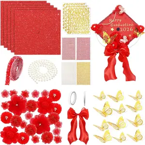 58 count DIY Graduation Cap Decorations Kit Grad Cap Decor Included Faux  Bow Mesh  Butterfly Stickers, Adhesive Rhinestones, Glitter Letter Stickers, for 2026 Grad Party(Red)
