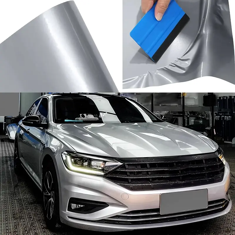 Ultra Glossy Silver Metallic Car Vinyl Wrap Film Wrapping Foil Self Adhesive Motor Auto Decal Vehicle Exterior Decoration For Cars Sticker Vinyl Decals Automotive Vinyl Decal Stickers For Cars With Air Release Bubble Free Decals For Vehicles