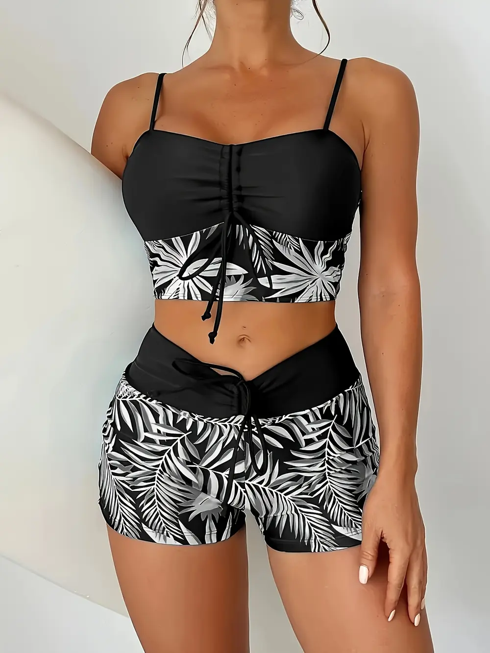 Women's Tankini Swimsuit, 2-Piece Ruched Tie-Front Bathing Suit with Monochrome Leaf Print Top and Drawstring Boyshorts, Swimsuits, Tankini Swimsuits