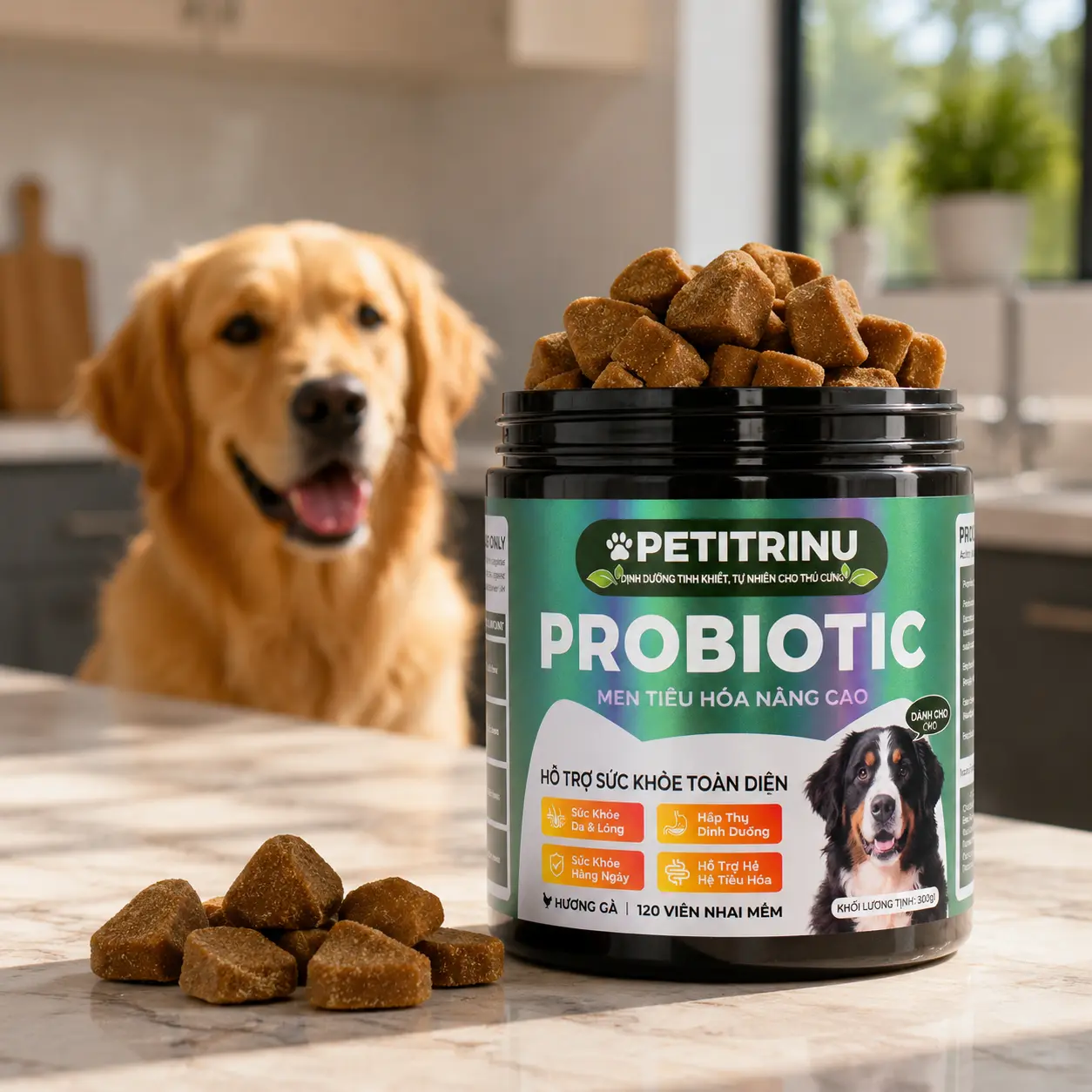 Premium dog probiotic gummies with digestive enzymes — chicken flavor;  gut health and skin care; natural canine dietary  senior dog chew relief immune support supplement day supply