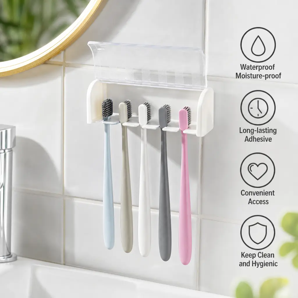 1 Count, Wall Mounted Toothbrush Holder with Clear Dustproof Flip Cover, Adhesive Mount Design for Bathroom Wall Storage Organization
