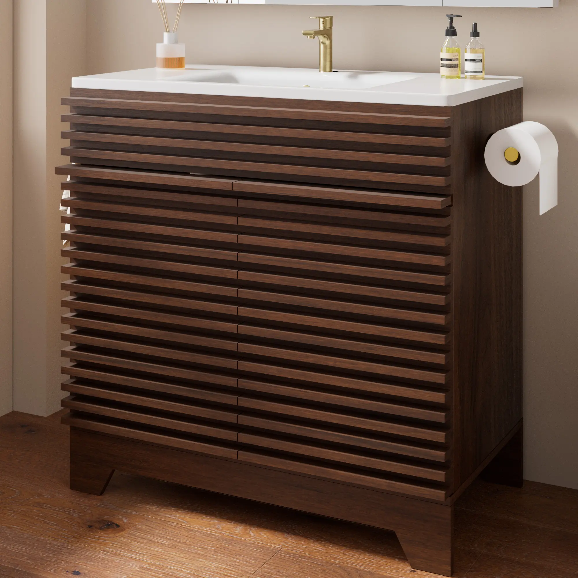 32" Bathroom Vanity with Ceramic Sink, Mid-Century Modern Fluted Bathroom Storage Cabinet with Soft-Close Doors, Freestanding Vanity with Shelves, Toilet Paper Holder & Towel Hooks, Walnut