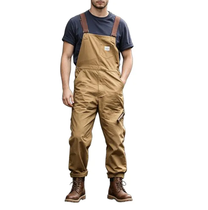 Men's Amekaji Vintage Khaki Canvas Overalls, Multi-Pocket Straight Leg Retro Work Bib Suspender Pants for Daily Outdoor Workwear