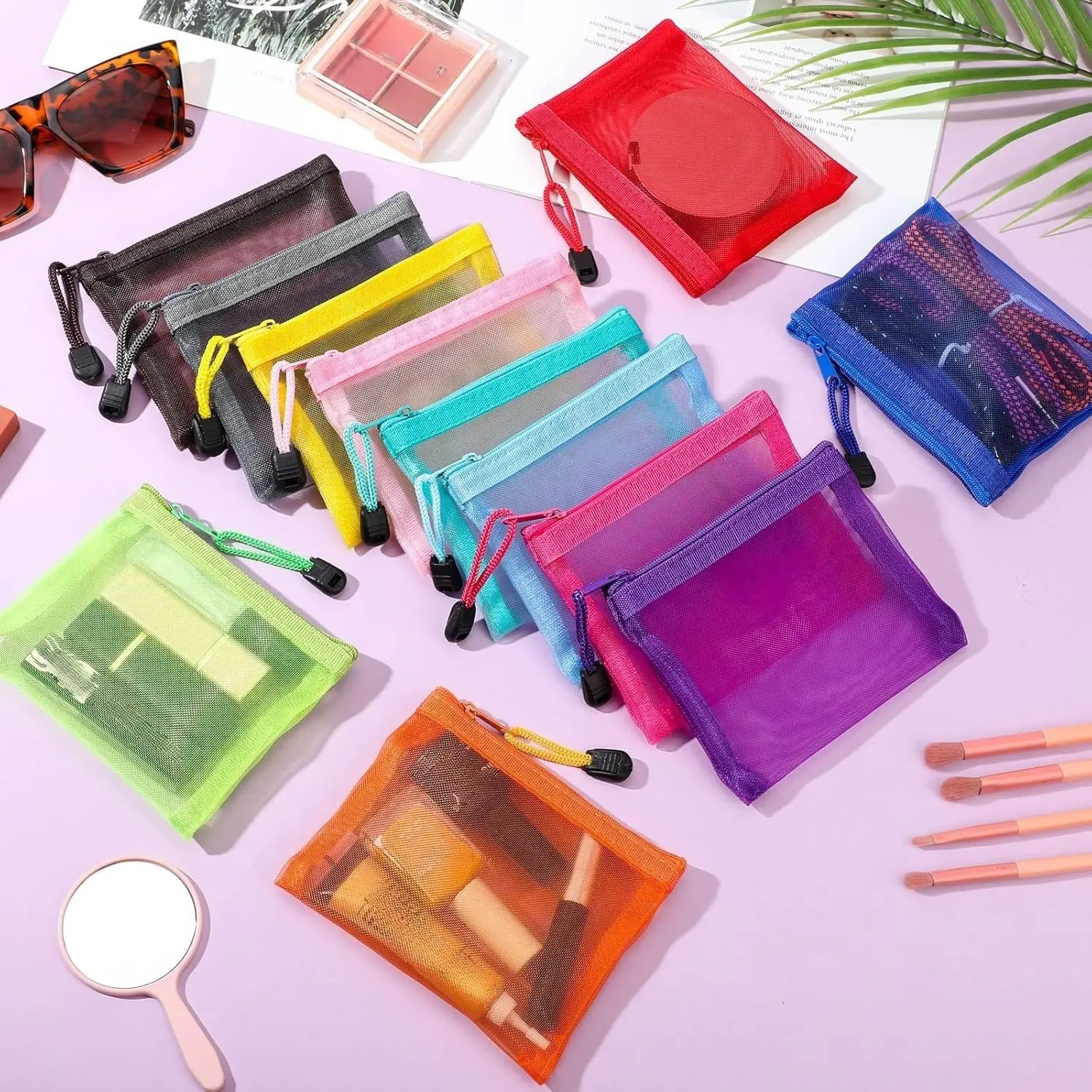 24 Pieces Compact PVC Mesh Zipper Pouches (Nylon Fabric, 5x4 Inches/13x10 cm) - Breathable, Durable, Assorted Colors Home Organizer Storage Bags for Cosmetics, Small Travel Items