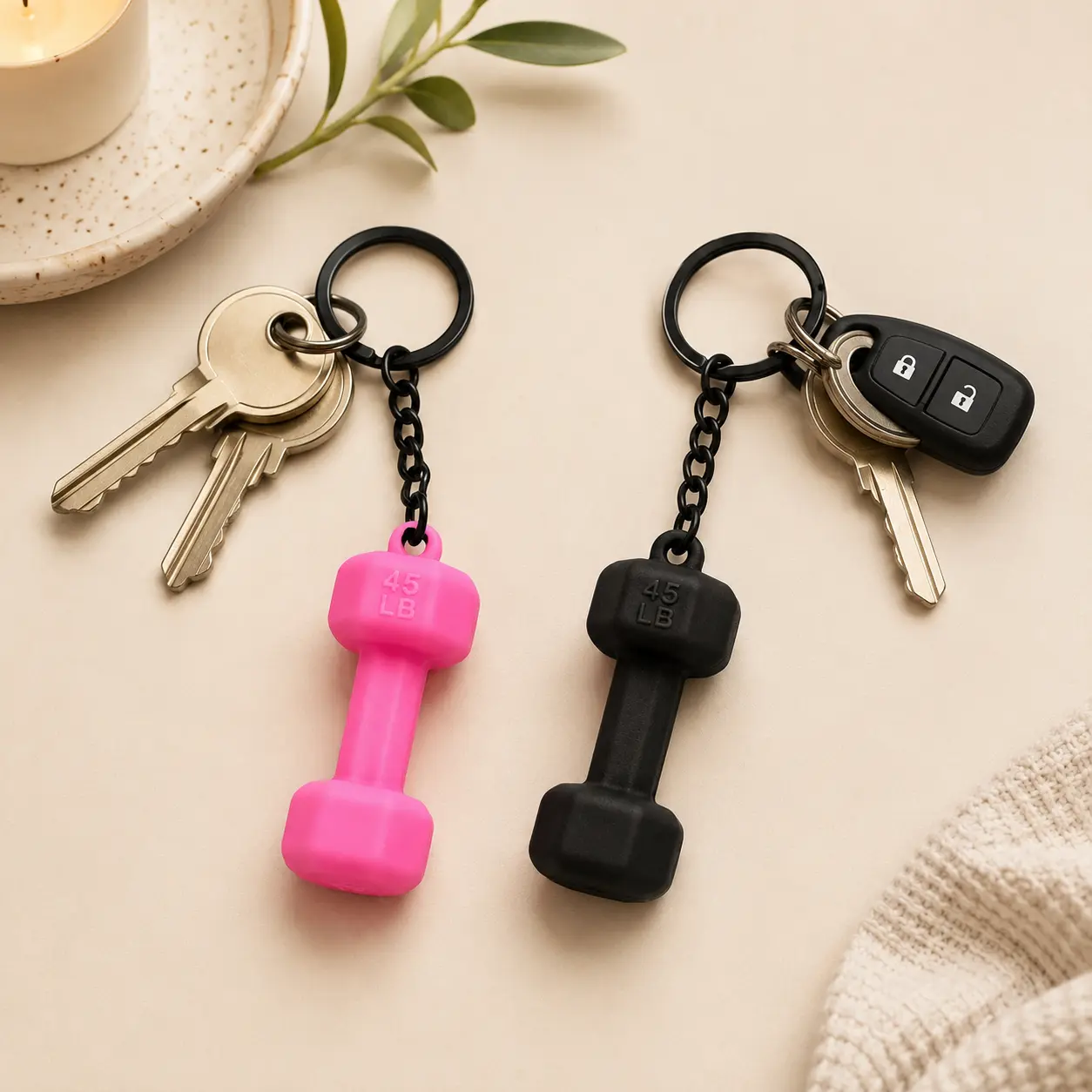 2 Pack Mini 45LB Dumbbell Barbell Keychain Set, Plastic Gym Workout Weight Charm Key Ring, Fitness Sports Bag Pendant Accessory, Novelty Motivational Gift for Gym Lovers Men Women