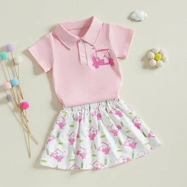 SCKTOO Toddler Baby Girl Golf Outfit Short Sleeve Hole in One Polo T Shirt Golf Print Mini Skirt Set 2Pcs Summer Clothes