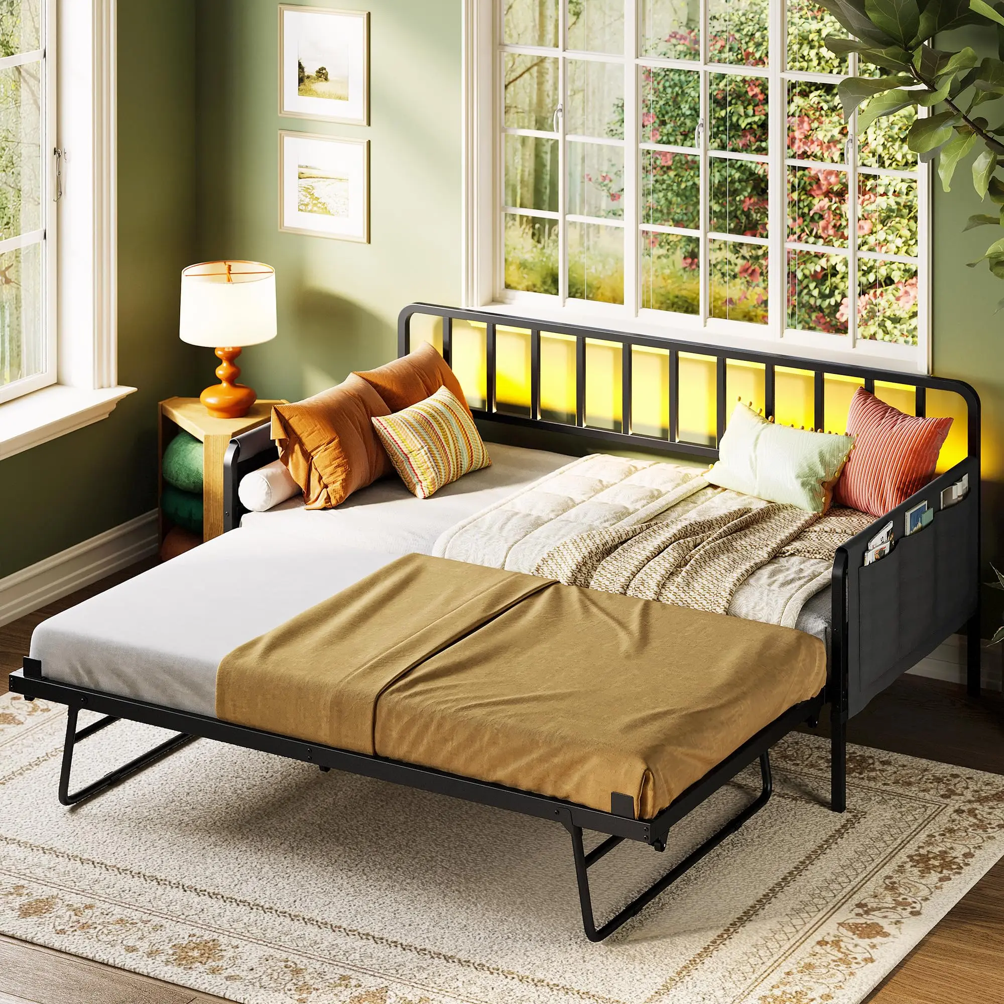 LIKIMIO Twin Day Bed with Pull-Out Trundle - Metal Frame, Color Changing LED Lights, USB Charging Bed Frames Station, Side Storage, Noise-Free, No Box Spring Needed, Easy Setup, Assembly Required Fold-Out Sofa for Small Spaces, Living Rooms