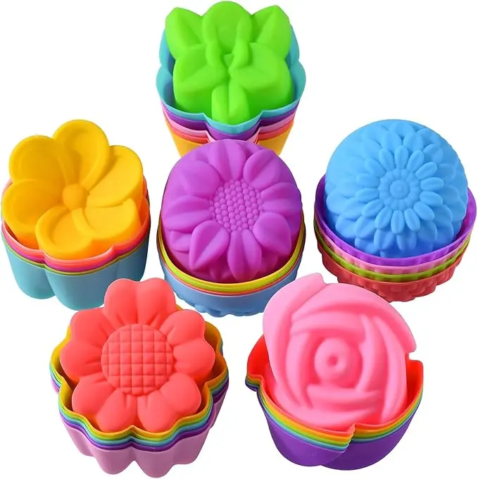 36pcs Silicone Baking Cups, Reusable Non-Stick Floral Muffin Cupcake Liners, Multicolor Small Silicone Molds for Cupcakes Jelly Pudding Soap Handmade Dessert Making