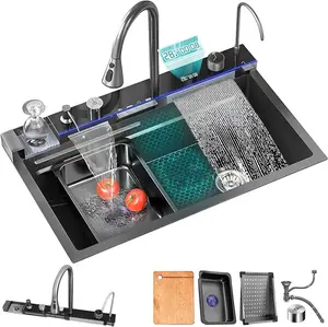 Bronstarz Nano Black Flying Rain Drop In Waterfall Sink Household Sink,Integrated Sink with LED Light Piano Pull-Out Tap Set Accessories Included