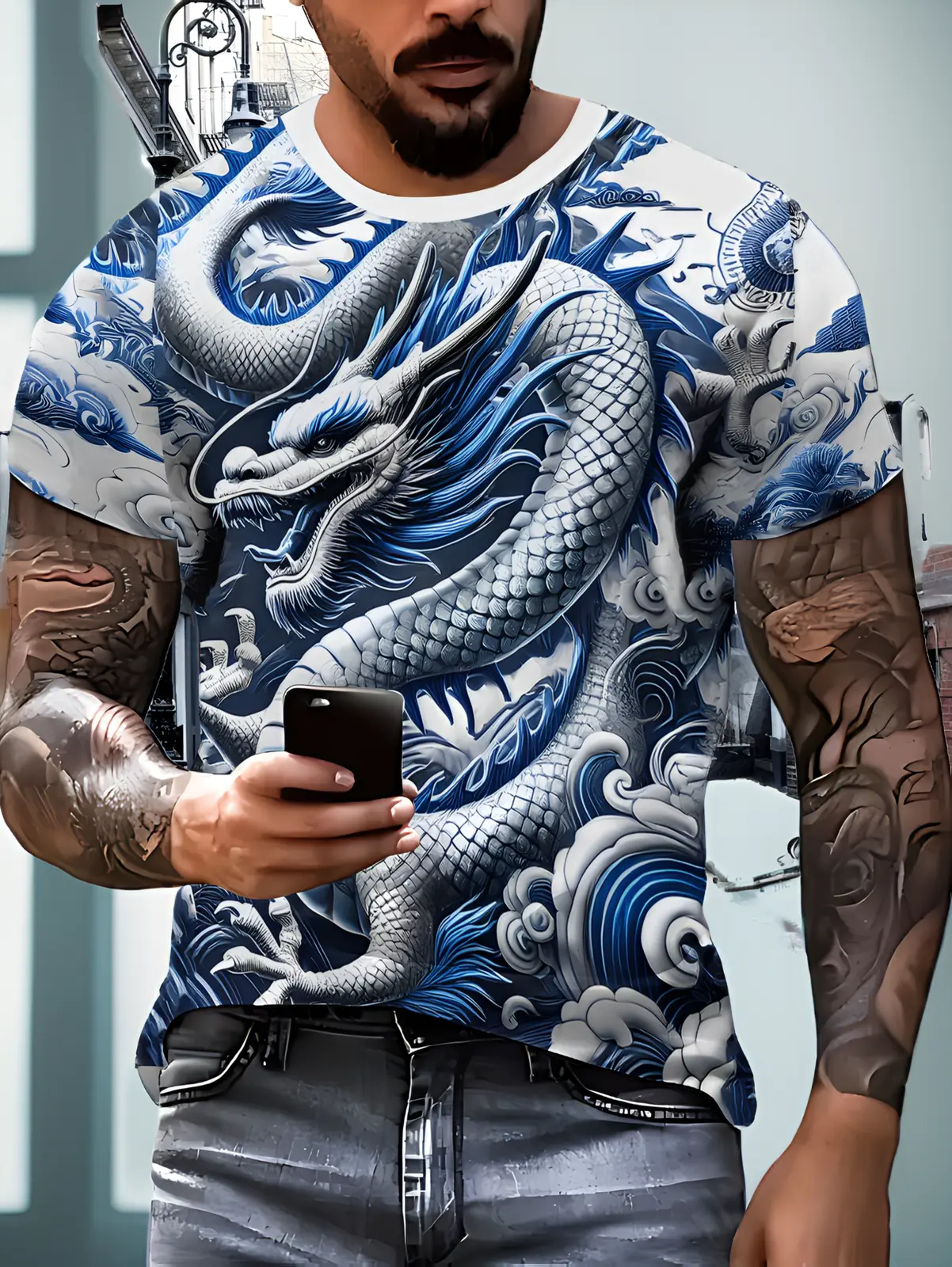 3D Printed Men'S Dragon Pattern T-Shirt - Comfortable And Breathable, Suitable for Summer Outdoor Sports And Casual Gatherings, Round Neck, Machine Washable Adult Short Sleeve Shirt, Plus Size