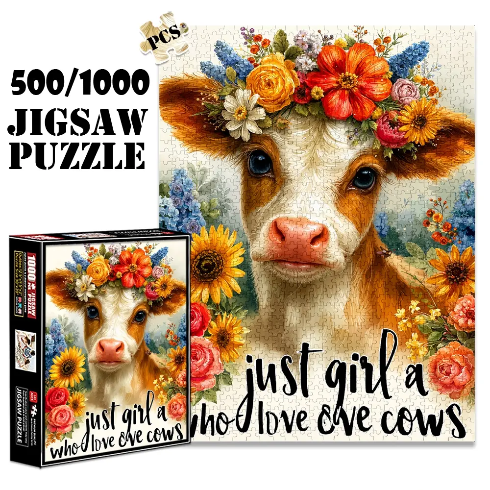 1pc 1000 piece adult puzzle 70x50cm Cow with Floral Crown - Just a Girl Who Loves Cows500 pieces paper jigsaw puzzle suitable for DIY creative games for adults and families, birthday and holiday