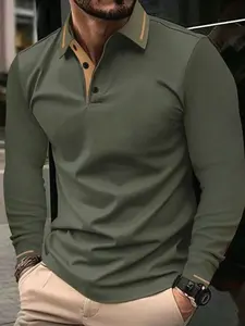 1pc Casual Men's Contrast Trim Quarter Button Collar Long Sleeve Polo Shirt, Suitable For Spring & Autumn, For Golf, For Fall