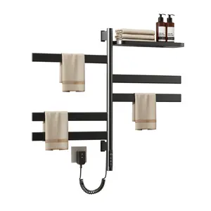 Electric Heated Towel Rack with Storage Rack, Rotating Towel Warmer Wall Mounted Drying Rack,Stainless Steel Towel Warmer 5 Bars with Built-in Timer, Plug-in or Hardwired