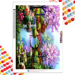 5D DIY Diamond Arts Colorful Painting Kit, Cherry Blossom Scenery Pattern Diamond Arts Colorful Painting without Frame, DIY Decorative Art Picture for Beginner, Diamond Painting Kits