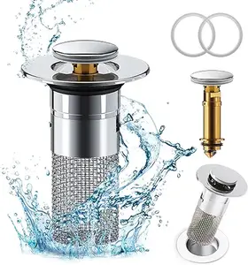 Bathroom Sink Stopper Hair Catcher, Pop Up Sink Drain Stopper with Removable Stainless Steel Filter Basket Hair Catcher for Universal Bathroom Basin Sink Stopper Replacement (Silver, 1Pcs) 3-in-1 kitchen sink drain strainer Universal Dual Function kitchen