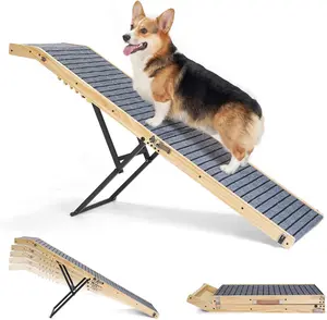 Veehoo Folding Dog Ramp for Bed Couch, 65" Long Stairs for Dogs to Get on High Bed with Platform and 5 Adjustable Height 20" to 31“, Wooden Senior Dog Ramp Steps for Small to Large Dogs, up to 220lbs