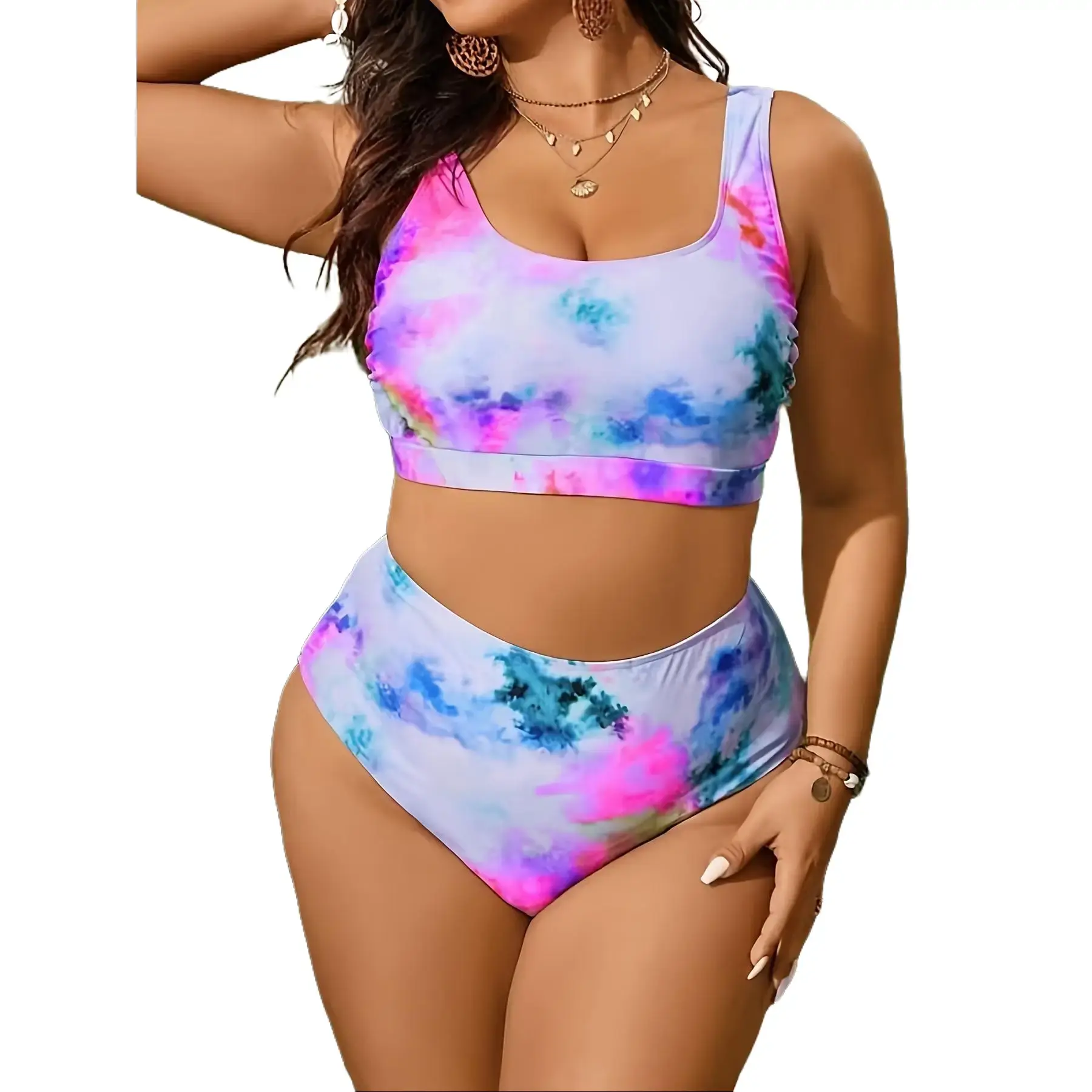 Women's Plus Size Bikini Set, Casual Tie Dye Printed Strapless Bandeau Top with Removable Padding and High Stretch Conventional Bottoms, Sizes S, M, L