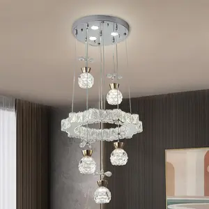 5-Head Crystal Chandelier 3-Color LED Pendant Light Adjustable Height Chrome Finish Modern Ceiling Lamp for Dining Room Kitchen Foyer Home Decor
