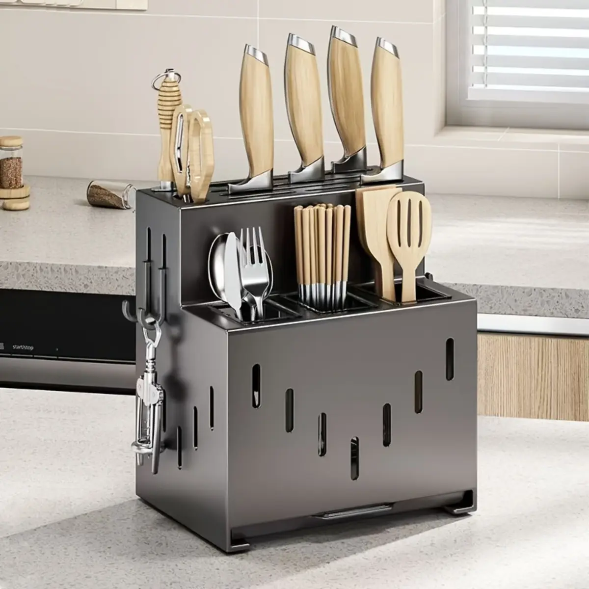 Durable Modern Kitchen Knife Organizer Rack - Sticky Hook Equipped, 1-Layer Dual-Usage Wall-Mounted & Countertop Compatible Utensil Holder with Thick Build, Drainage Dry-Wet Separation for Knives, Chopsticks, Spoons Storage