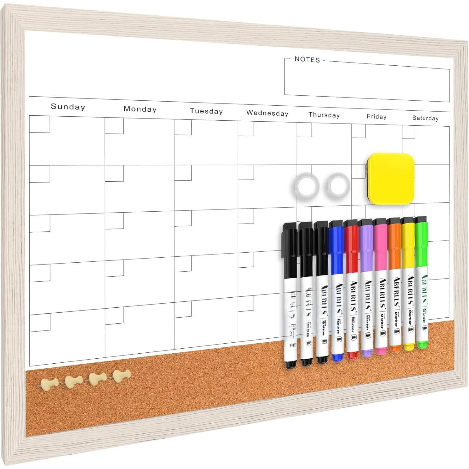 Monthly Whiteboard Calendar & Corkboard for Wall,  17"x13" Dry Erase Board with White  Framed, 2in1 White Board Cork Board Combo, Calendar Bulletin Board for Kitchen Planner Memo Office