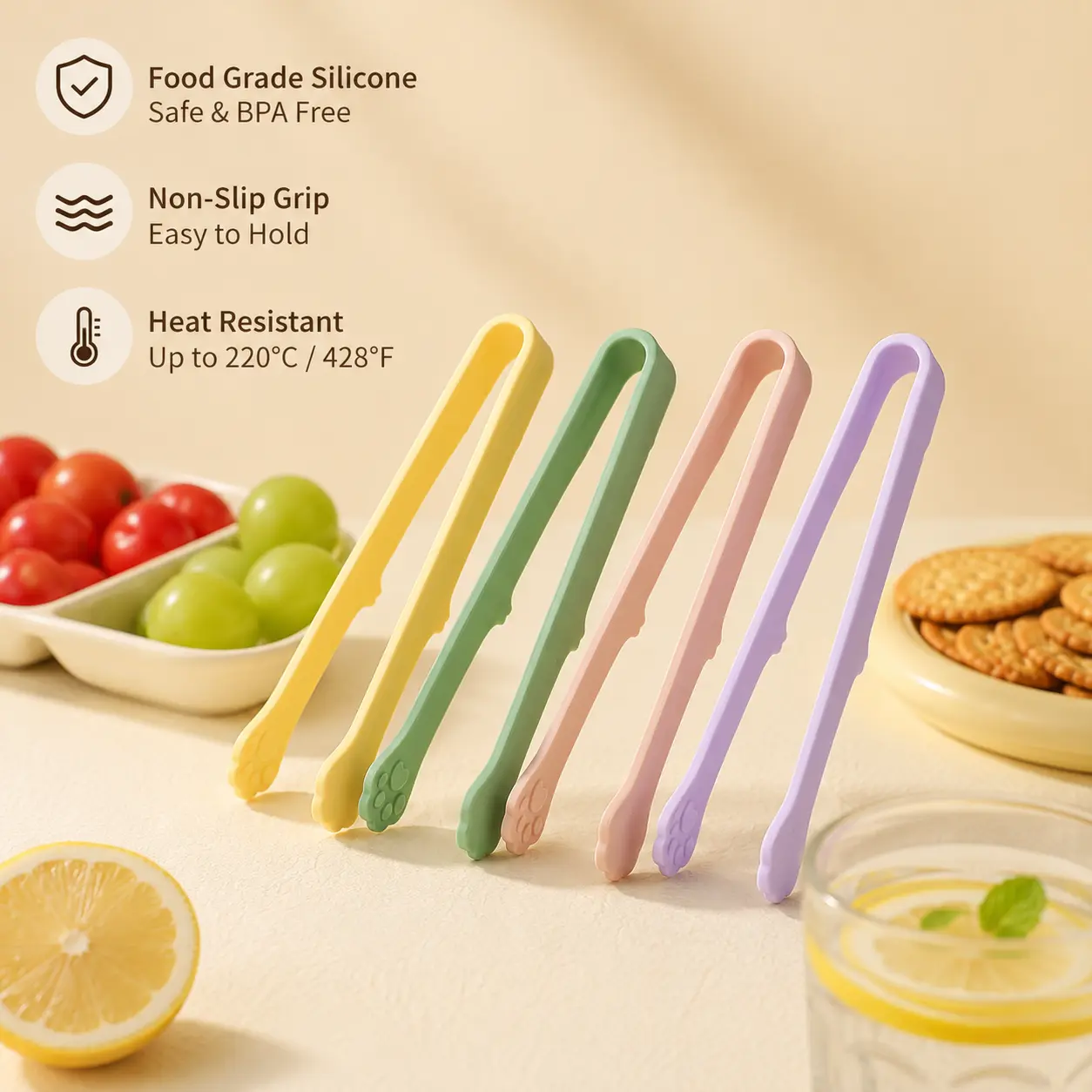 Silicone Food Tongs - 1 Count, Non-Slip Standable Cat Paw Design, Heat Resistant Kitchen Utensil for Grabbing Snacks, Fruits, Daily Use