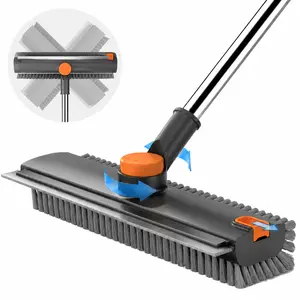 3-in-1 Floor Scrub Brush with Long Handle, 360° Rotatable Tub and Shower Scrubber with Squeegee, Heavy Duty Double-Sided Stiff Bristles Scrape Broom for Bathroom, Patio, Garage, Home Cleaning Essentials