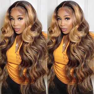 QUANDIAN 13x6 Body Wave Highlight Ombre Lace Front Wig Human Hair HD Lace Front Wigs Human Hair 200 Density P4/27 Colored Honey Blonde Wig Springtok