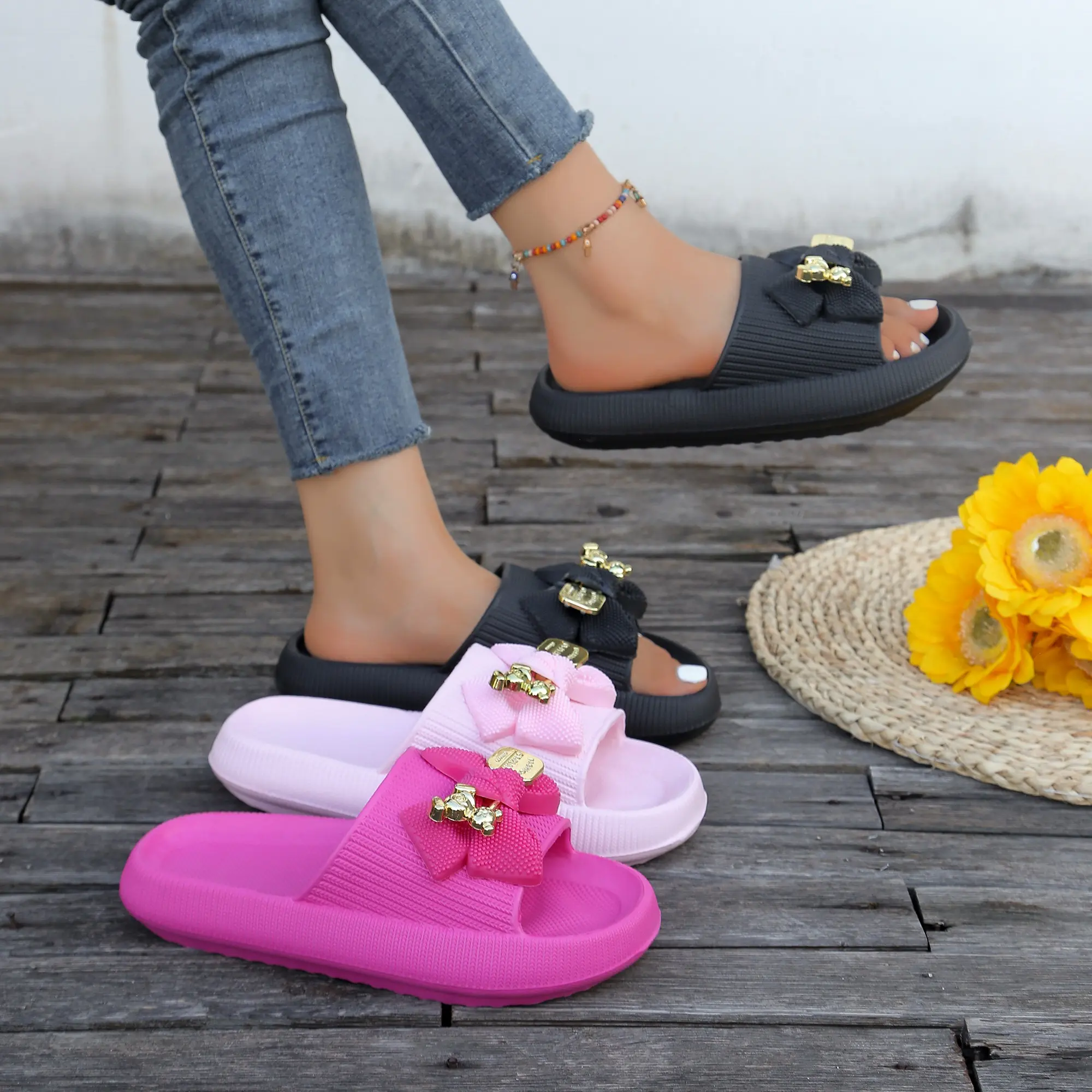 Bow & Bear Decor Thick Sole Slides EVA Non-Slip Soft Bottom Sandals Sweet Style Outdoor Beach Shoes Home Bathroom Slippers