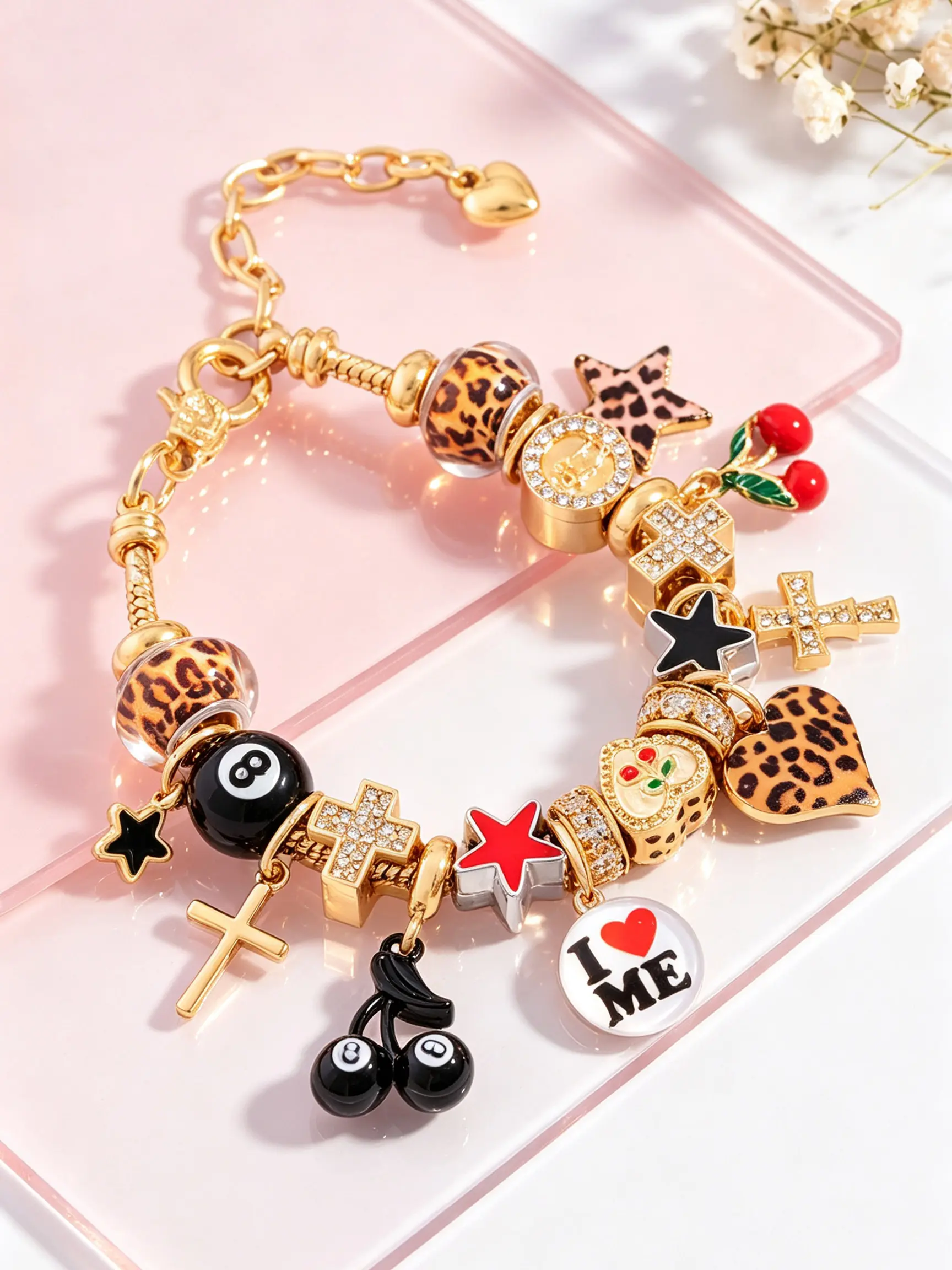 Women Non Tarnish Charm Bracelet, Y2K Emo Accessories, Leopard Heart Star Cherry Beaded Hand Chain, Waterproof Friendship Bracelet, Fashion Daily Jewelry Gift For Her