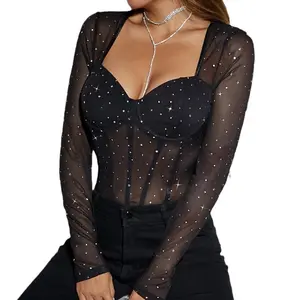 Halloween Street Sequins Sexy Sheer Mesh Slim Long-Sleeve Onesie with Steel Rim, Breathable for Fall
