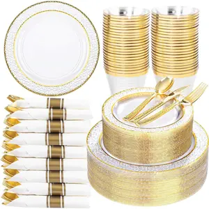 350PCS Clear Plastic Plates with Gold Trim for 50 Guests, Disposable Dinnerware Set for Wedding & Thanksgiving, Includes 100 Plastic Plates, 50 Pre Rolled Napkins with Gold Silverware, 50 Cups