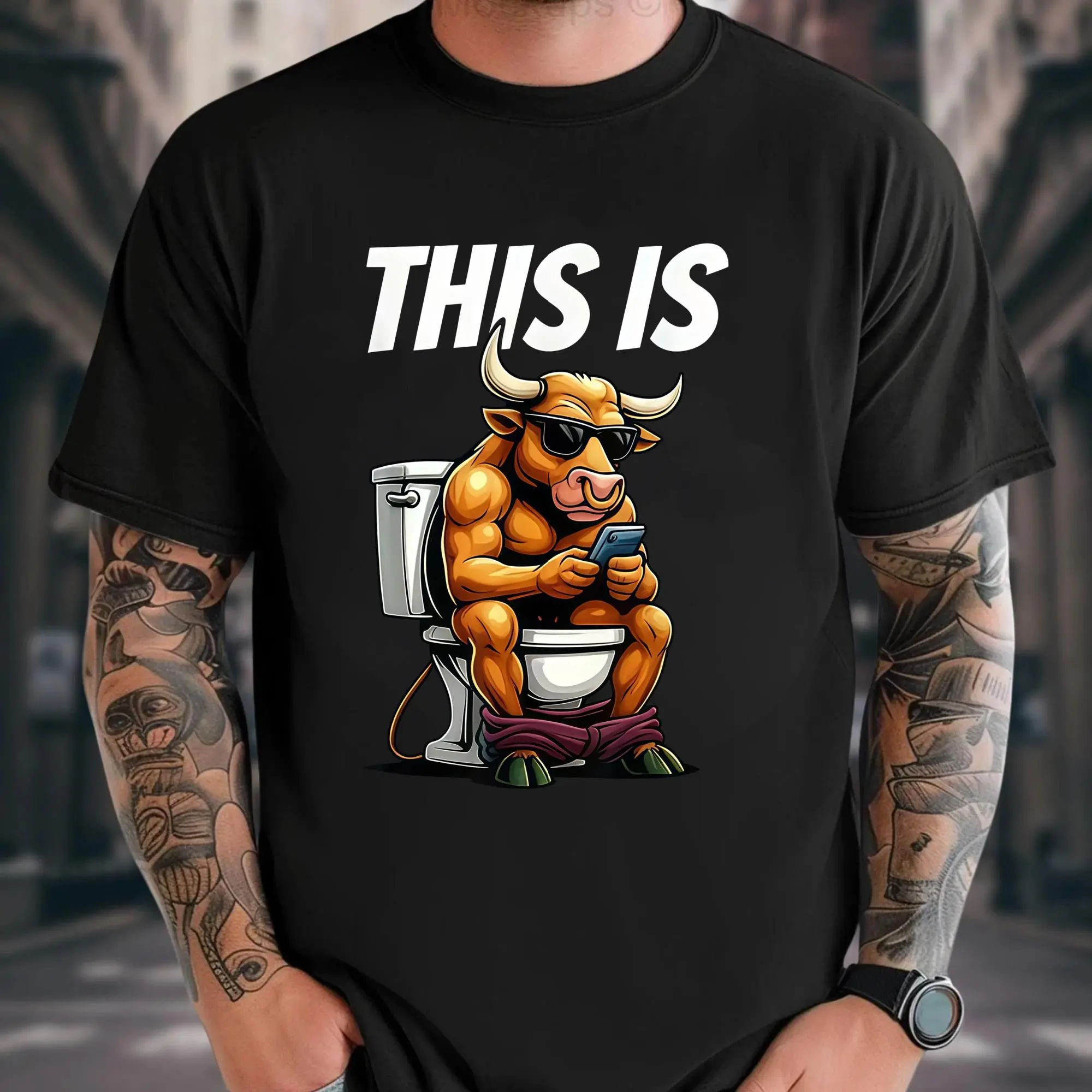 Funny "Bull On Toilet This Is Bullshit" Sarcastic Graphic T-Shirt | Retro Humor Unisex Tee with Bull Design