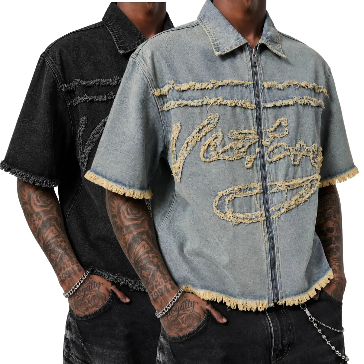 Men’s Distressed Denim Jacket, Loose Fit Drop Shoulder Short Sleeve Zip Up Shirt, Frayed Graphic Vintage Hip Hop Streetwear Top for Daily Wear