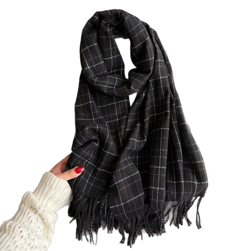 Women's Fringed Plaid Cashmere Scarf, Warm Autumn-Winter Shawl, Versatile Commuting Accessory for Couples