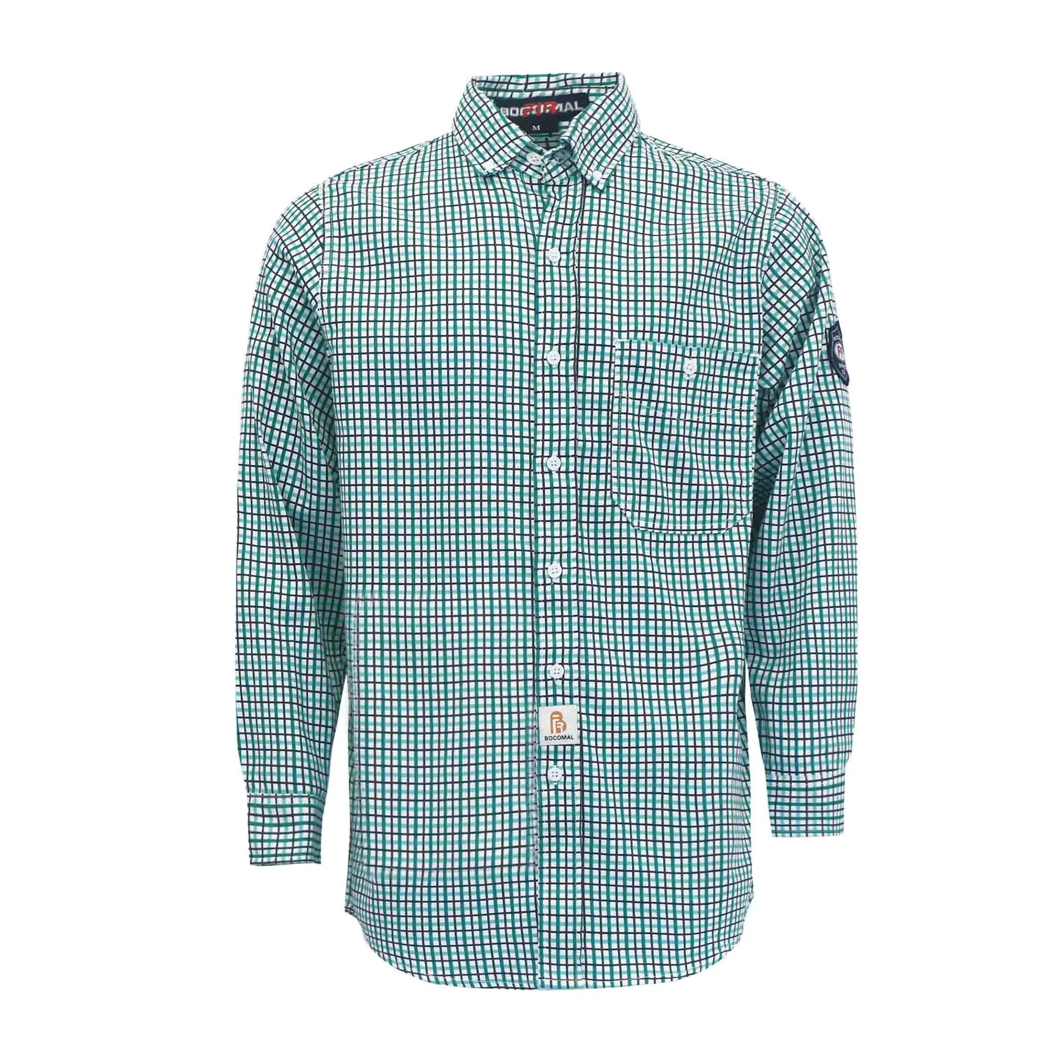 Men's Top 6.5 oz Cotton Long Sleeve Collared Neck Classic Printed Plaid Shirts with Button Closure - M Size - 0816, Fr Tag On Arms, Fr Treatment