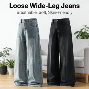 Men’s 2-pack vintage washed loose straight-leg jeans, casual all-season street style, zip fly, solid color design, everyday denim pants