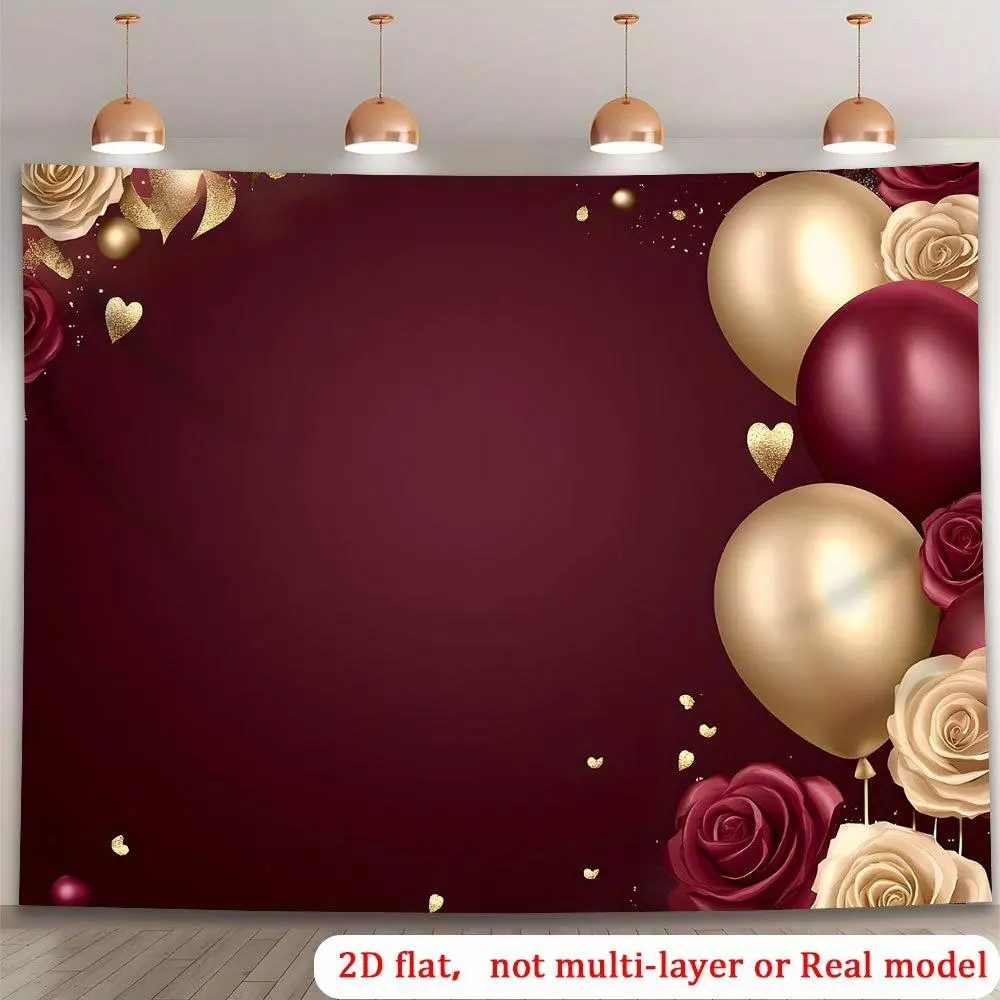 1PC Polyester Reusable 2D Flat Retro Burgundy Gold Balloon Rose Backdrop Banner, Happy Birthday & Wedding Event Decor, Romantic Heart Photography Curtain Background Wall