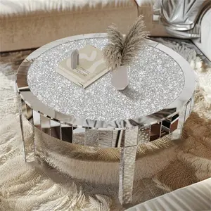 31.5-Inch Round Mirrored Coffee Table, Bling Crushed Crystal Diamond Decorative Center Table for Living Room