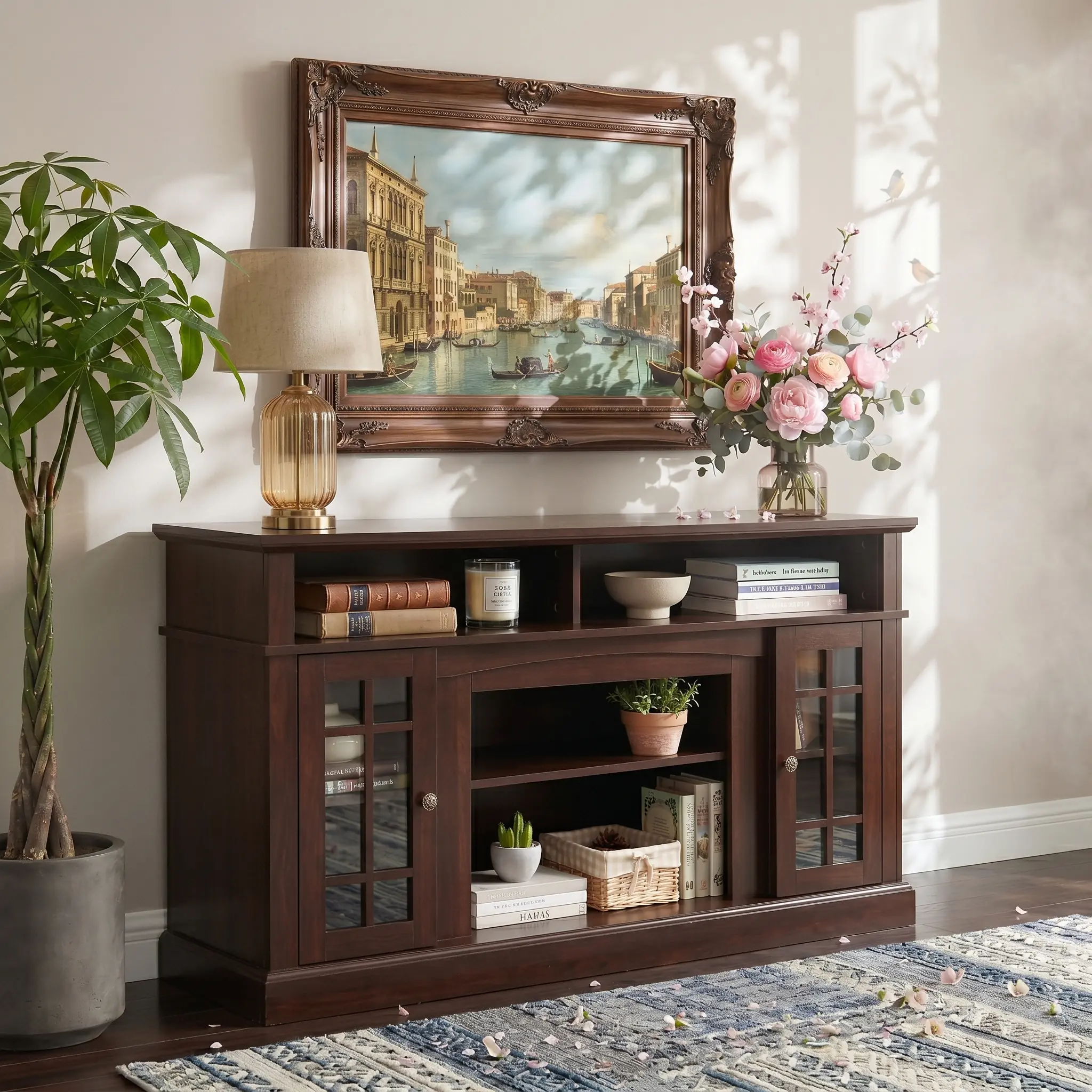 Eyisean Traditional American Country Style TV Stand with Glass Door, 58"W Large Entertainment Center with Open Shelves, Home Entertainment Console Table for TV Up to 65'', Rack for Living Room