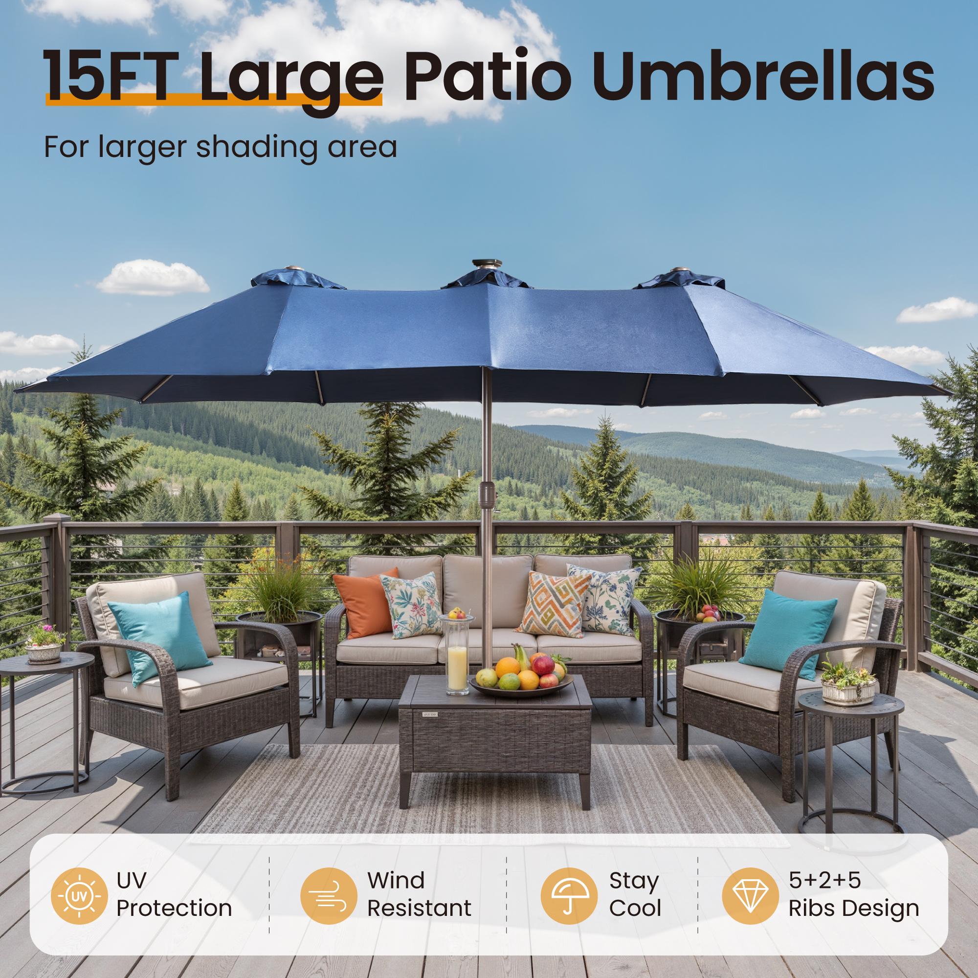 【StockUp Sale】Ovios 15ft Double-Sided Patio Solar Lights Umbrella with Coffee Table , Outdoor Large Umbrellas with Crank Handle and 36 LED Lights, Rectangular Market Umbrella with Base Included for Deck Pool Shade
