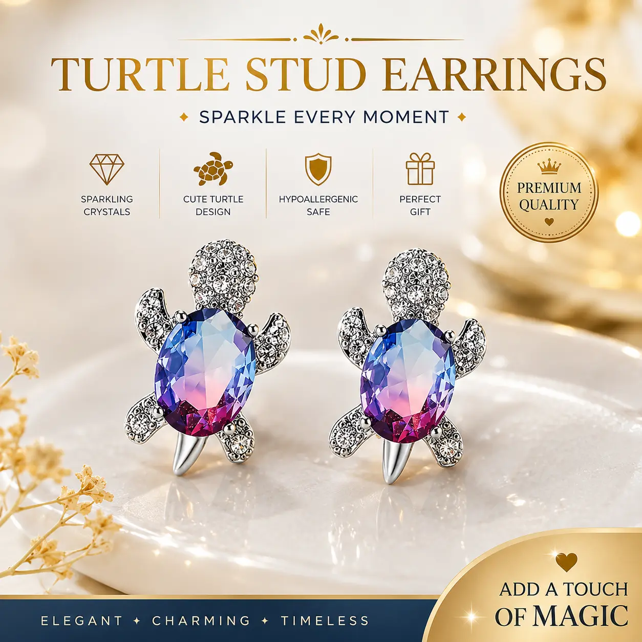 Sea Turtle Stud Earrings for Women, Crystal Turtle Earrings, Cubic Zirconia Ocean Animal Studs, Silver Plated Hypoallergenic Jewelry, Cute Beach Jewelry Gift for Mom Wife Daughter Birthday Christmas