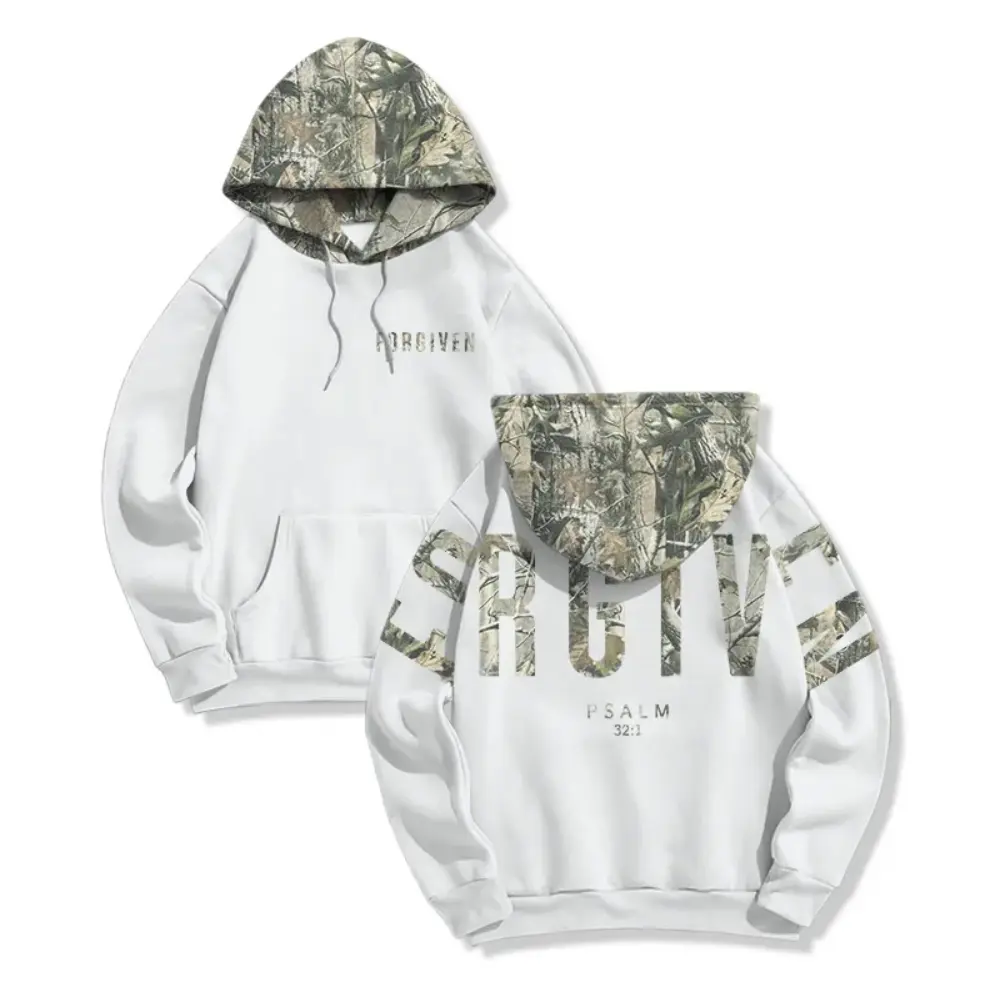 Forgiven Psalm 32:1 Dead Leaves White Camo Hoodie, Christian Graphic Pullover Sweatshirt, Faith Streetwear for Men & Women