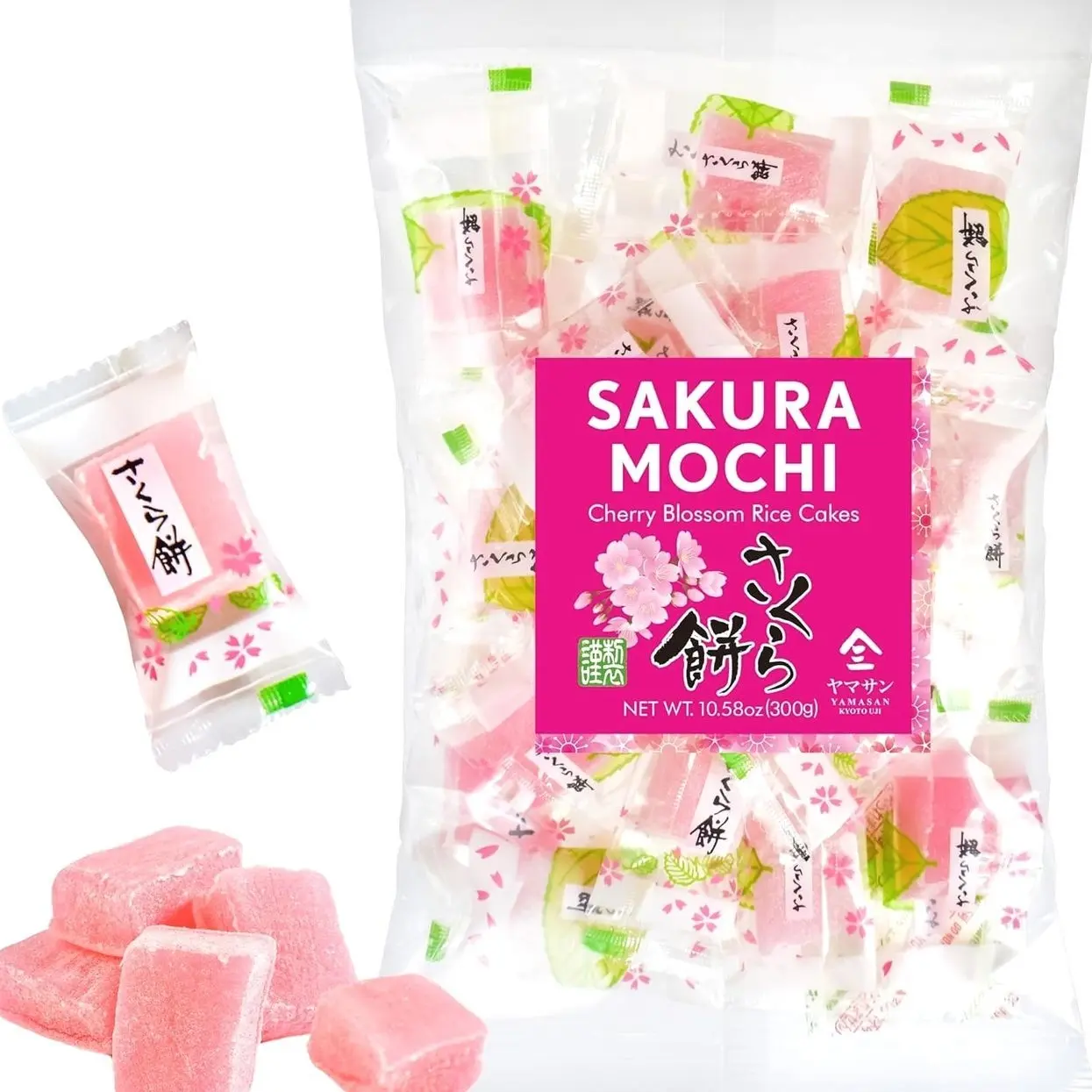 YAMASAN KYOTO UJI Japanese Sakura Mochi Candies, Real Traditional Cherry blossom Rice Cakes, 300g/10.58oz, Japanese Snacks, Japanese Candy, Individually Wrapped