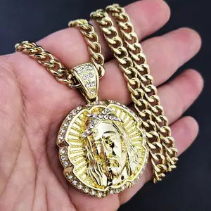 MaxBling81 Unisex Iced Bling Gold Silver Plated Jesus Face Medal Cross Necklace, 6mm Cuban Link Design Chain (24"-36" Miami Style), Daily Wear Chain Jewelry Necklaces